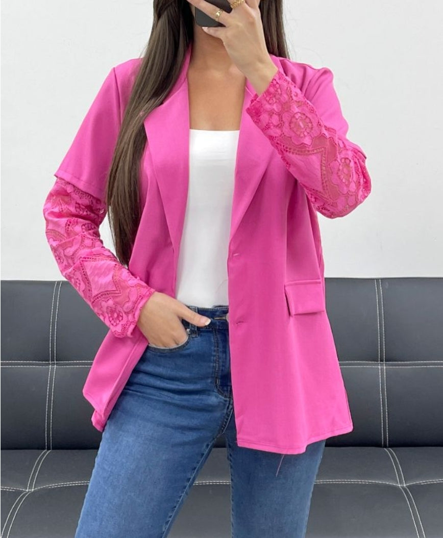 Fuchsia Blazer met Kanten Mouwen - One size