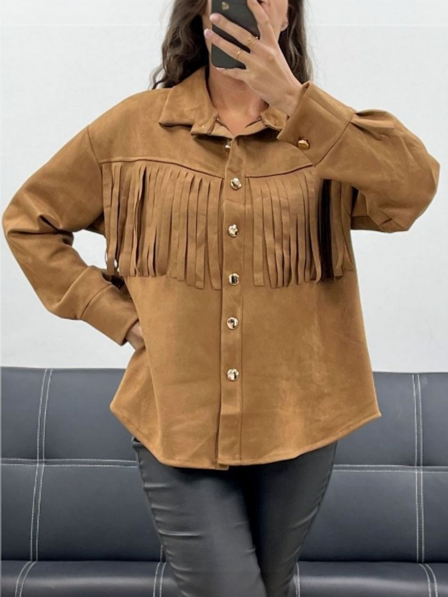 Suède overblouse met franjes | bruin