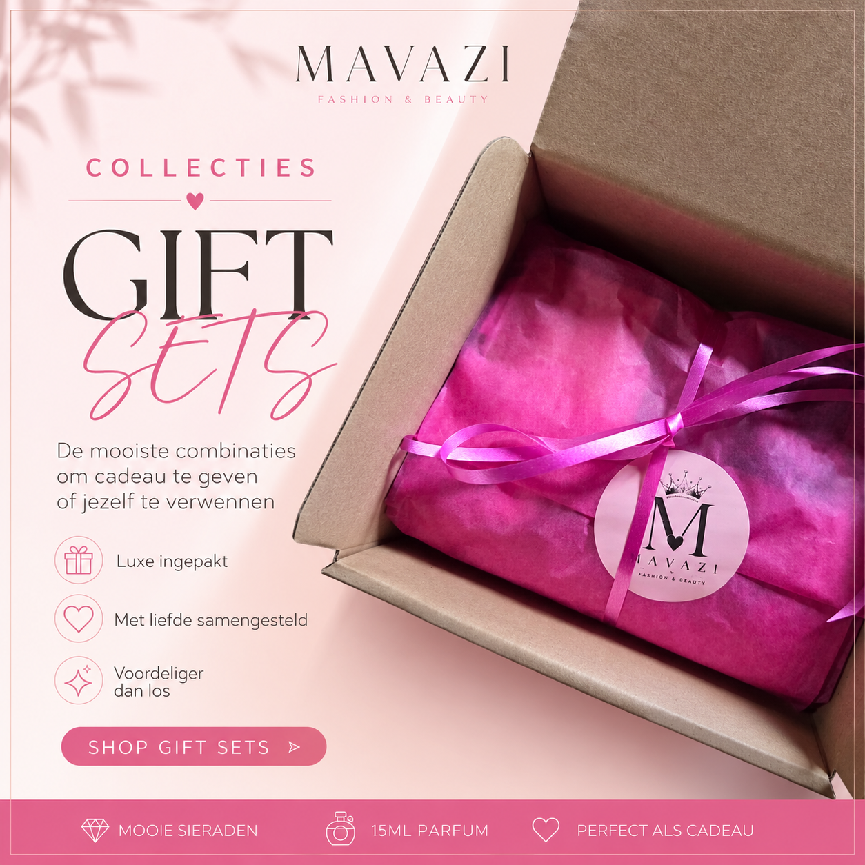 "Luxe Gift Set van Mavazi Fashion PV met parfum en sieraden, feestelijk verpakt als cadeau."