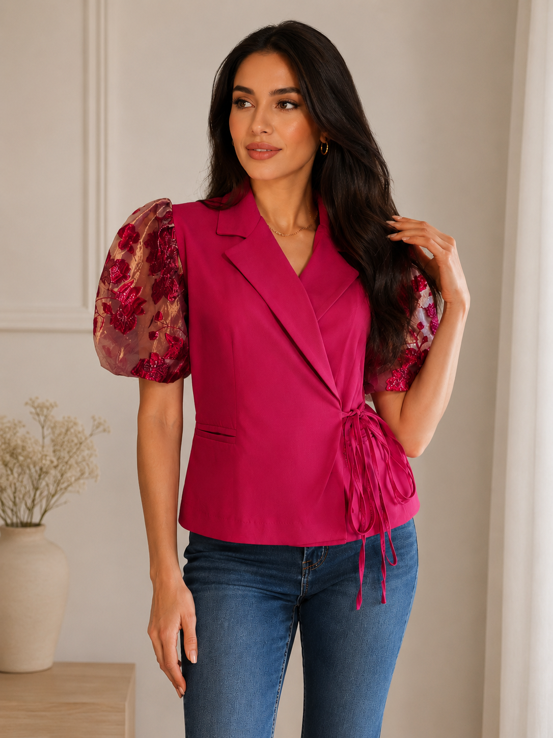 Strik Flower Blazer – Damesblazer met Bloemmotief en Strikdetail