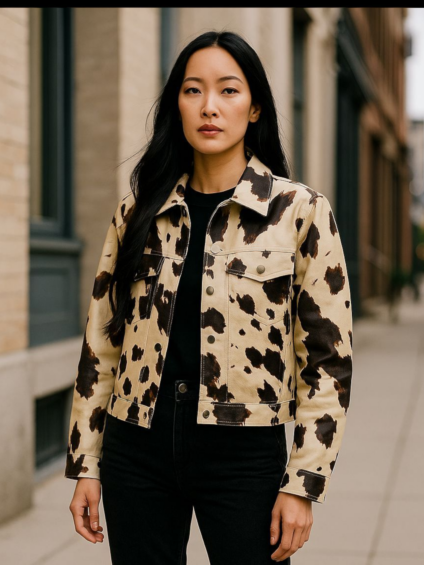 Dames jasje met koeienprint – bruin/crème