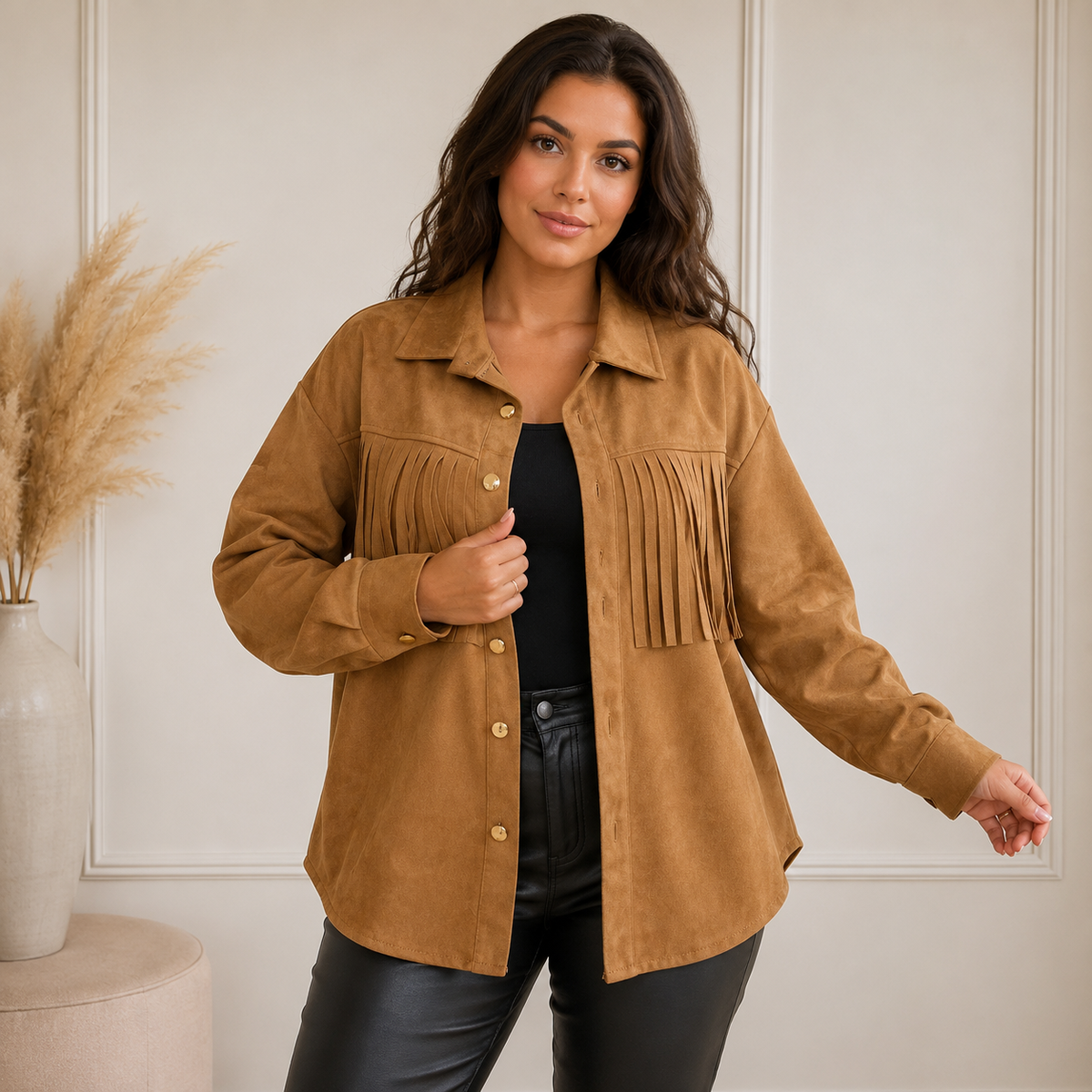 Suède Overblouse met Franjes – Bruin | Boho Damesblouse