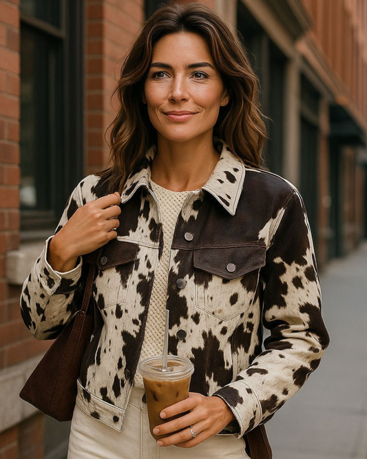 Dames jasje met koeienprint – bruin/crème