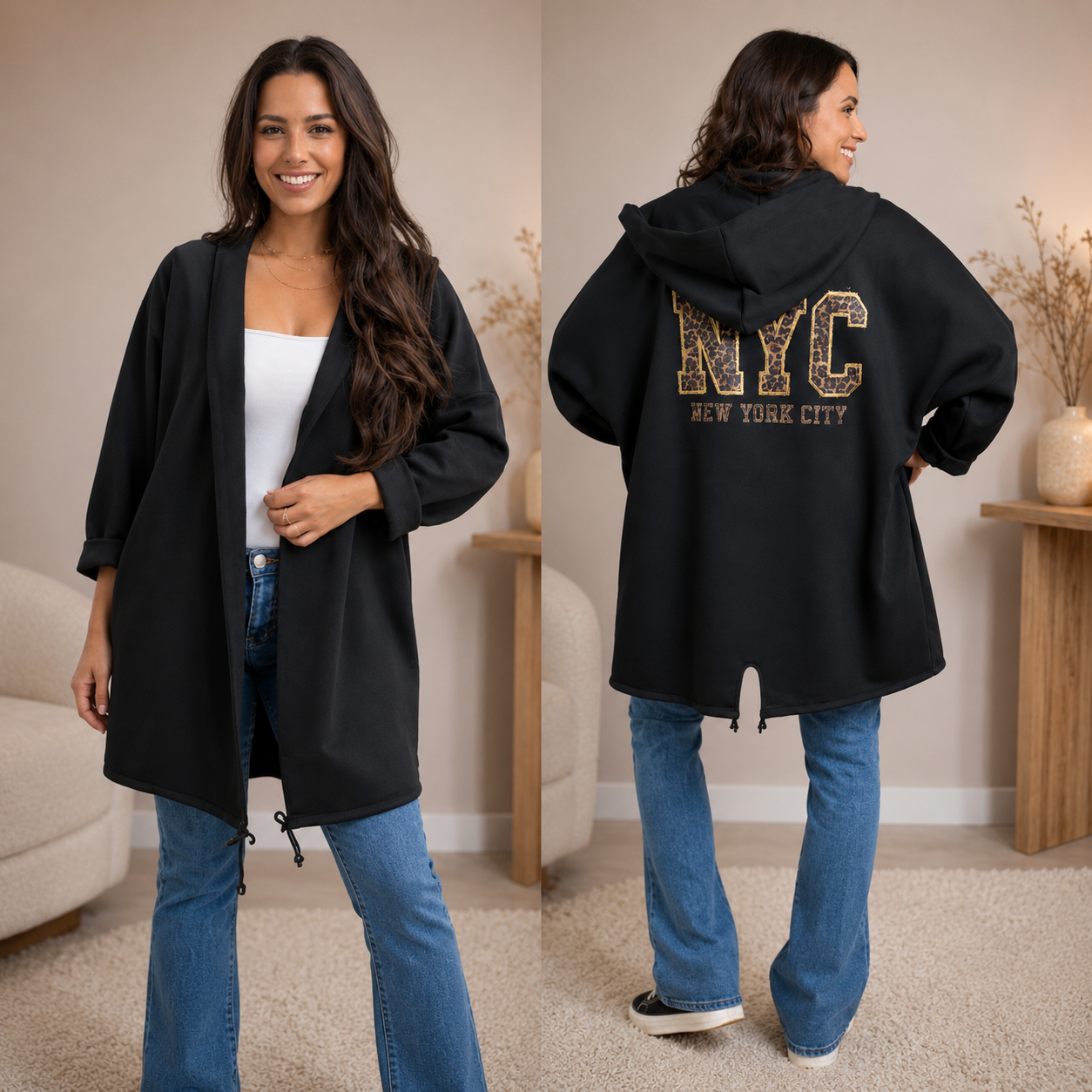 NYC Vest met Capuchon – Oversized Damesvest met Panterprint