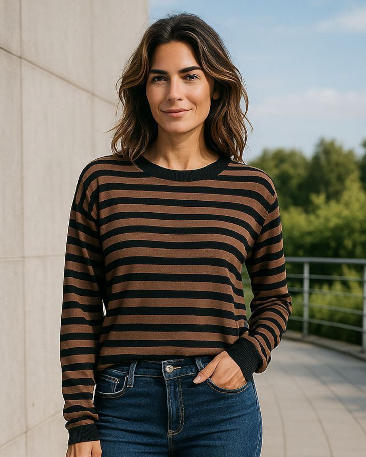 Gestreepte cropped trui dames – zwart/bruin