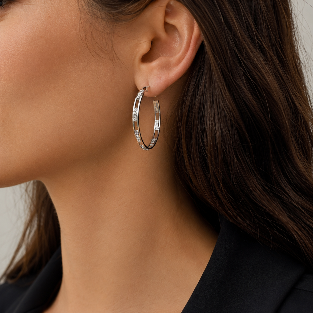 Zilveren Strass hoop oorbellen