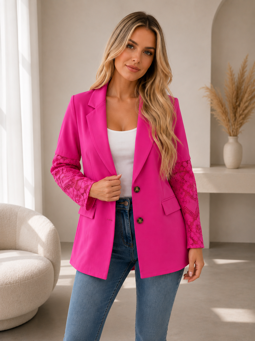 Fuchsia Blazer met Kanten Mouwen - One size