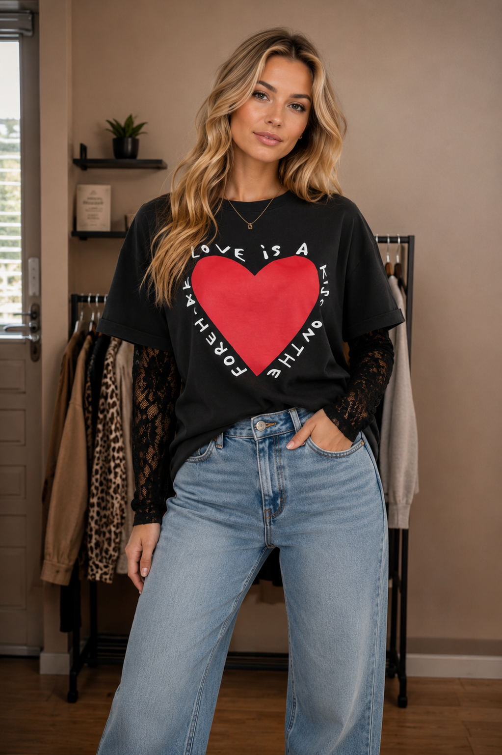 Lace T-shirt Love is a Kiss on your Forehead – Dames Top met Kanten Mouwen