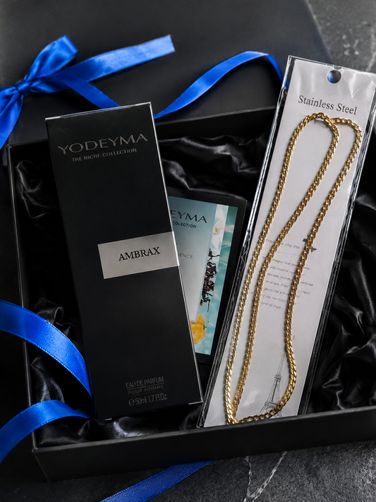 Luxe giftset cadeauset voor mannen met parfum en een sieraad ketting goudkleurig