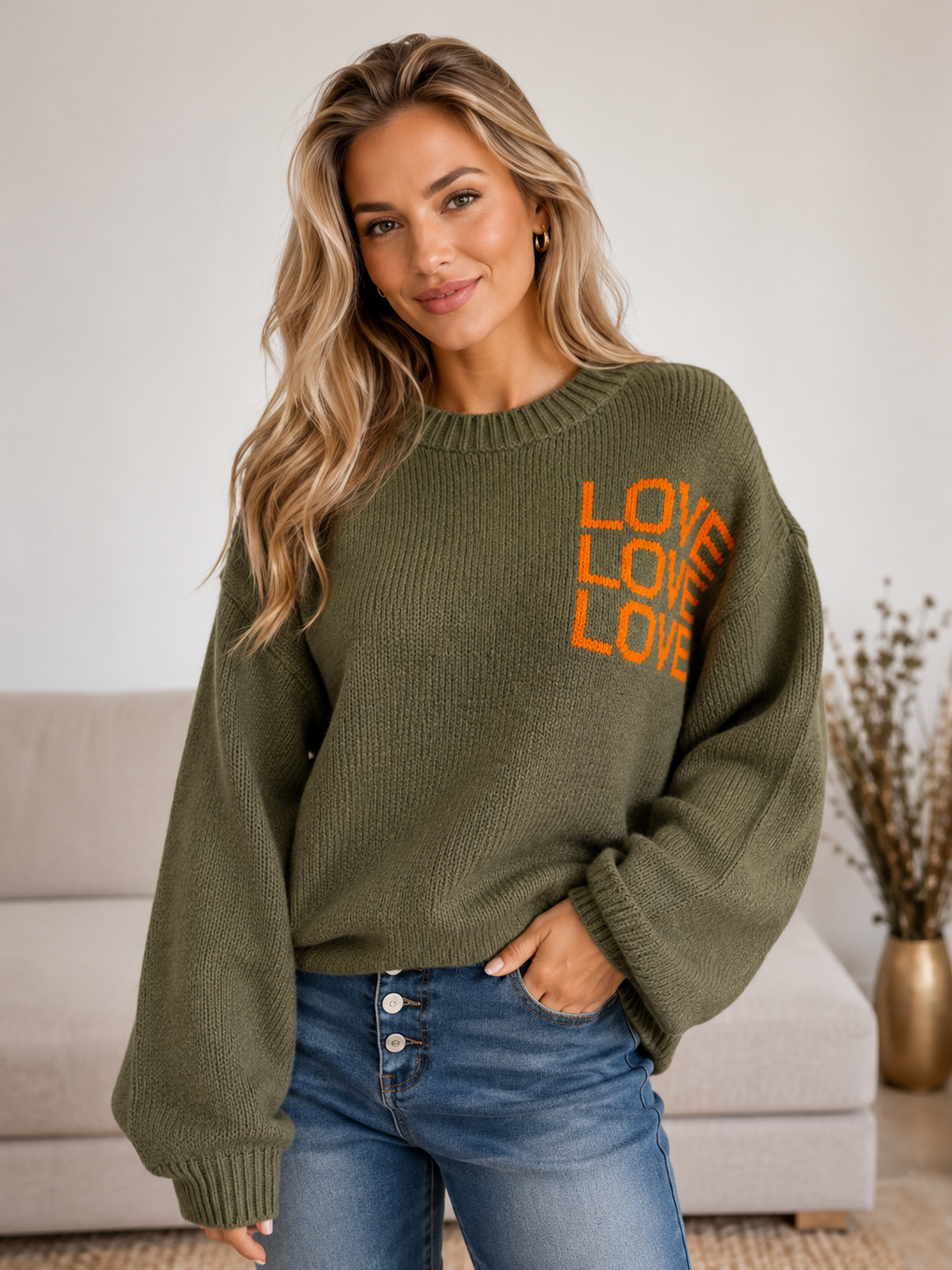 Knit Love Sweater Groen – Zachte Dames Trui met LOVE Opdruk