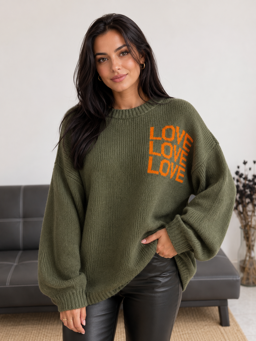 Knit Love Sweater Groen – Zachte Dames Trui met LOVE Opdruk