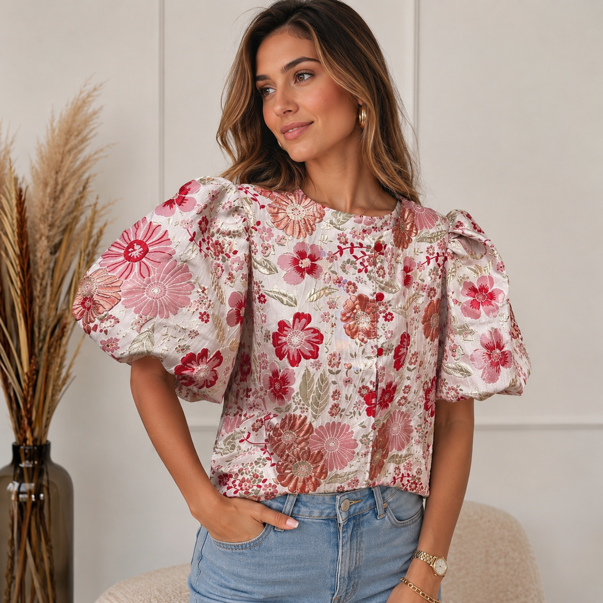 Puff Flower Top Roze – Veelzijdige Damesblouse met Bloemenprint