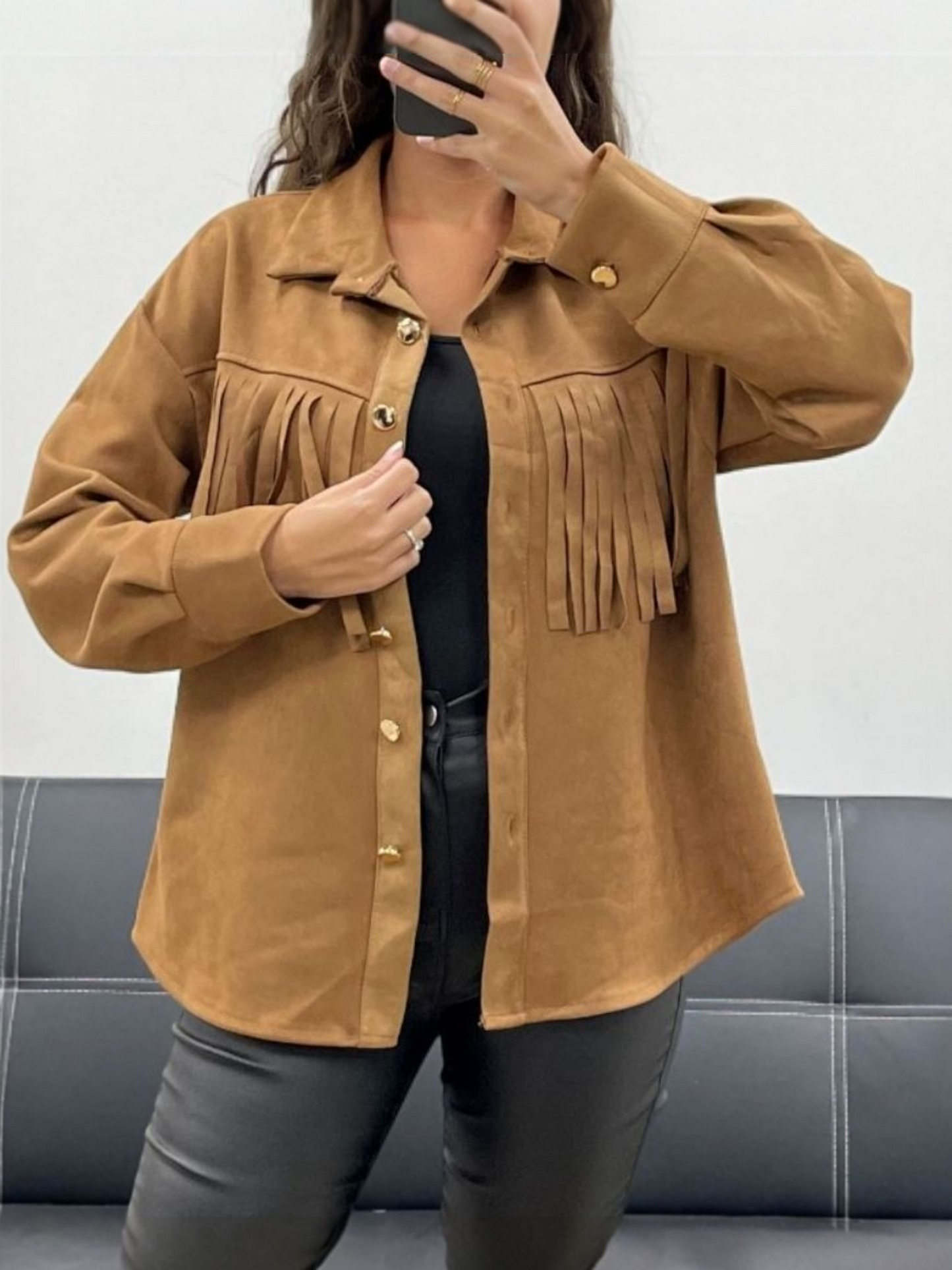 Suède overblouse met franjes | bruin