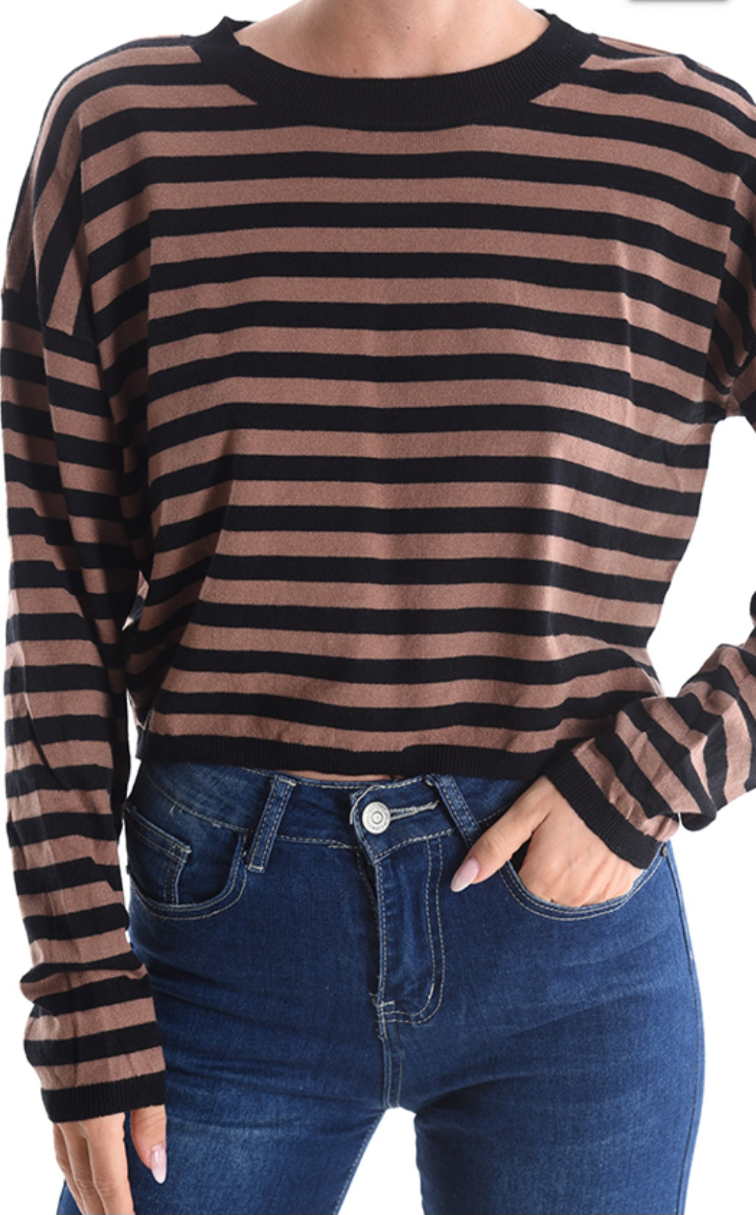 Gestreepte cropped trui dames – zwart/bruin